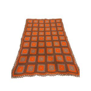 Vintage Hand-Crocheted Granny Square Afghan Blanket 48" X 72" Orange/Brown